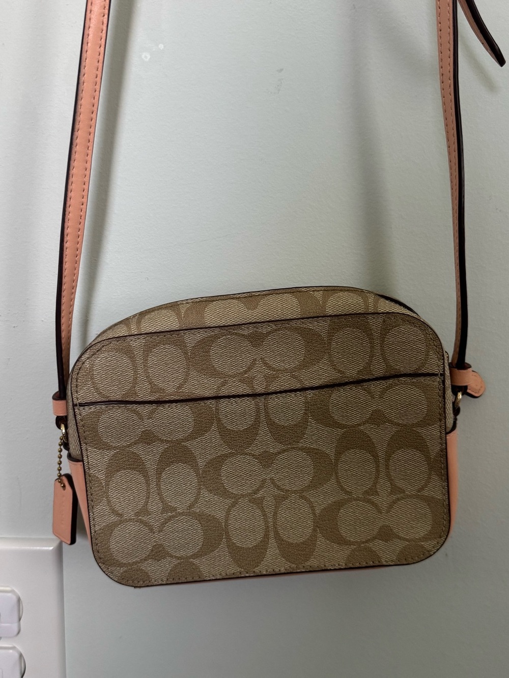 Coach Signature Canvas Crossbody in Khaki/Tan with Pink Trim - Picture 2 of 4